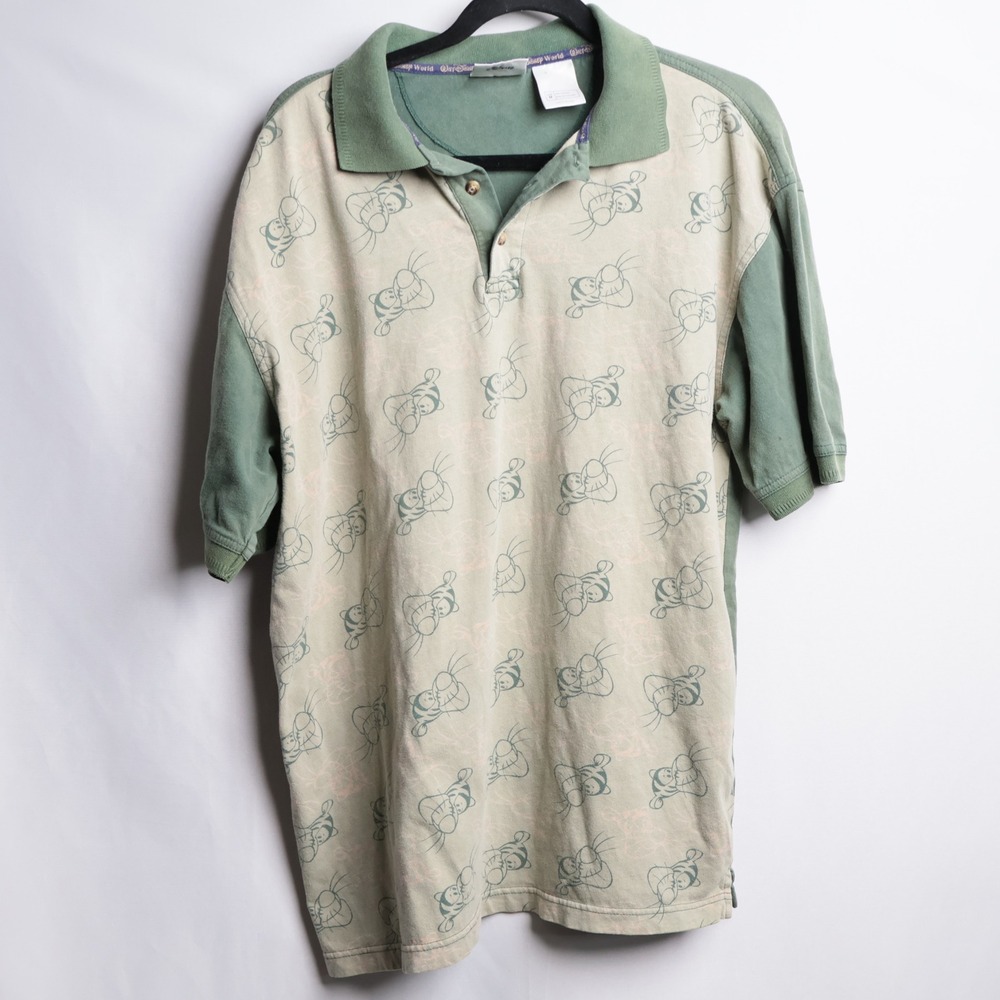 Walt Disney World Tigger All Over Print Polo Shirt Mens Medium Green Vintage A67